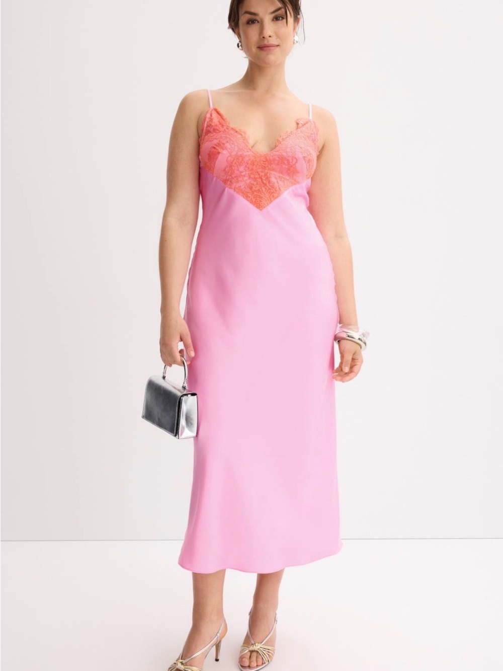 Ronny Kobo Collection Pink Slip Dress with Coral Lace Accent